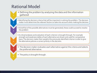 Rational Model
1
• Defining the problem by analyzing the data and the information
gathered
2
• Identifying the decision criteria that will be important in solving the problem.The decision
maker must determine the relevant factors to take into account when making the decision
3
• A brief list of the possible alternatives must be generated; these could succeed to resolve
the problem
4
• A critical analyses and evaluation of each criterion is brought through. For example
strength and weakness tables of each alternative are drawn and used for comparative
basis.The decision maker then weights the previously identified criteria in order to give
the alternative policies a correct priority in the decision.
5
• The decision-maker evaluates each alternative against the criteria and selects
the preferred alternative.
6
• The policy is brought through.
 