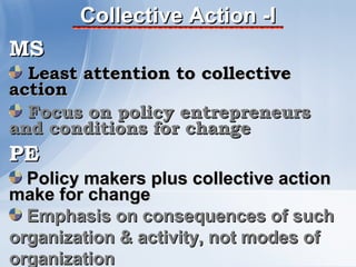 Collective Action -I
MS
  Least attention to collective
action
  Focus on policy entrepreneurs
and conditions for change
PE
  Policy makers plus collective action
make for change
  Emphasis on consequences of such
organization & activity, not modes of
organization
 
