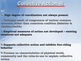 Collective Action -II
AC
  High degree of coordination not always present
  Outcome result of congruence of various common
interests rather than conscious coalition (Sabatier &
Jenkins-Smith)
 Empirical measures of action not developed – existing
measures not adequate
CP
  Supports collective action and inhibits free-riding
behavior
  Focuses on characteristics of physical world,
community and the rules-in-use to explain collective
action
 