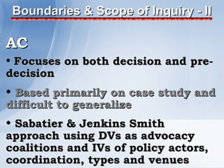 Boundaries & Scope of Inquiry - II

AC
• Focuses on both decision and pre-
decision
• Based primarily on case study and
difficult to generalize
• Sabatier & Jenkins Smith
approach using DVs as advocacy
coalitions and IVs of policy actors,
coordination, types and venues
 