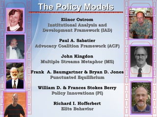 The Policy Models
            Elinor Ostrom
      Institutional Analysis and
    Development Framework (IAD)

          Paul A. Sabatier
 Advocacy Coalition Framework (ACF)

            John Kingdon
   Multiple Streams Metaphor (MS)

Frank A. Baumgartner & Bryan D. Jones
       Punctuated Equilibrium

  William D. & Frances Stokes Berry
        Policy Innovations (PI)

         Richard I. Hofferbert
            Elite Behavior
 