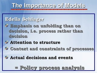 The Importance of Models

Edella Schlager
  Emphasis on unfolding than on
 decision, i.e. process rather than
 decision
  Attention to structure
  Context and constraints of processes

 Actual decisions and events

   = Policy process analysis
 