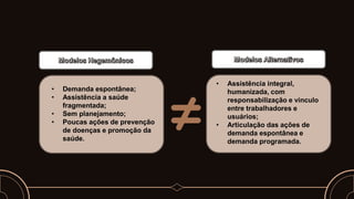 • Demanda espontânea;
• Assistência a saúde
fragmentada;
• Sem planejamento;
• Poucas ações de prevenção
de doenças e promoção da
saúde.
• Assistência integral,
humanizada, com
responsabilização e vinculo
entre trabalhadores e
usuários;
• Articulação das ações de
demanda espontânea e
demanda programada.
 