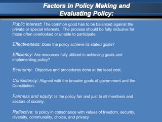 Public interest: The common good has to be balanced against the
private or special interests. The process should be fully inclusive for
those often overlooked or unable to participate.

Effectiveness: Does the policy achieve its stated goals?

Efficiency: Are resources fully utilized in achieving goals and
implementing policy?

Economy: Objective and procedures done at the least cost.

Consistency: Aligned with the broader goals of government and the
Constitution.

Fairness and equity: Is the policy fair and just to all members and
sectors of society.

Reflective: Is policy in consonance with values of freedom, security,
diversity, communality, choice, and privacy
 