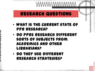 Research Questions

• What is the current state of PPR
  research?
• Do PPRs research different sorts
  of subjects from academics
  and other librarians?
• Do they use different research
  strategies?
 