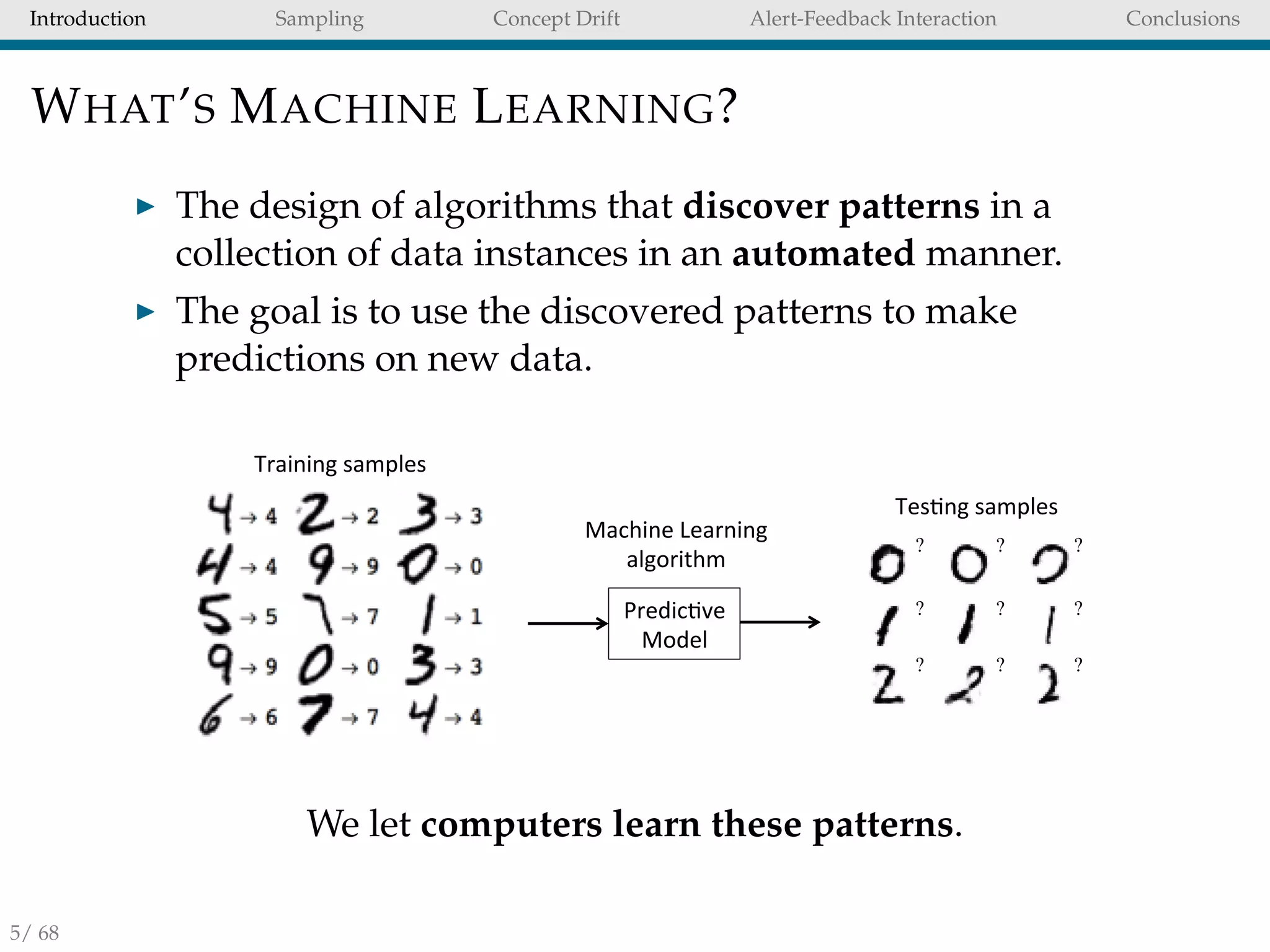 Introduction Sampling Concept Drift Alert-Feedback Interaction Conclusions
WHAT’S MACHINE LEARNING?
The design of algorithms that discover patterns in a
collection of data instances in an automated manner.
The goal is to use the discovered patterns to make
predictions on new data.
  
  
  
Predic've)
Model)
Training)samples)
Tes'ng)samples)
Machine)Learning)
algorithm)
We let computers learn these patterns.
5/ 68
 