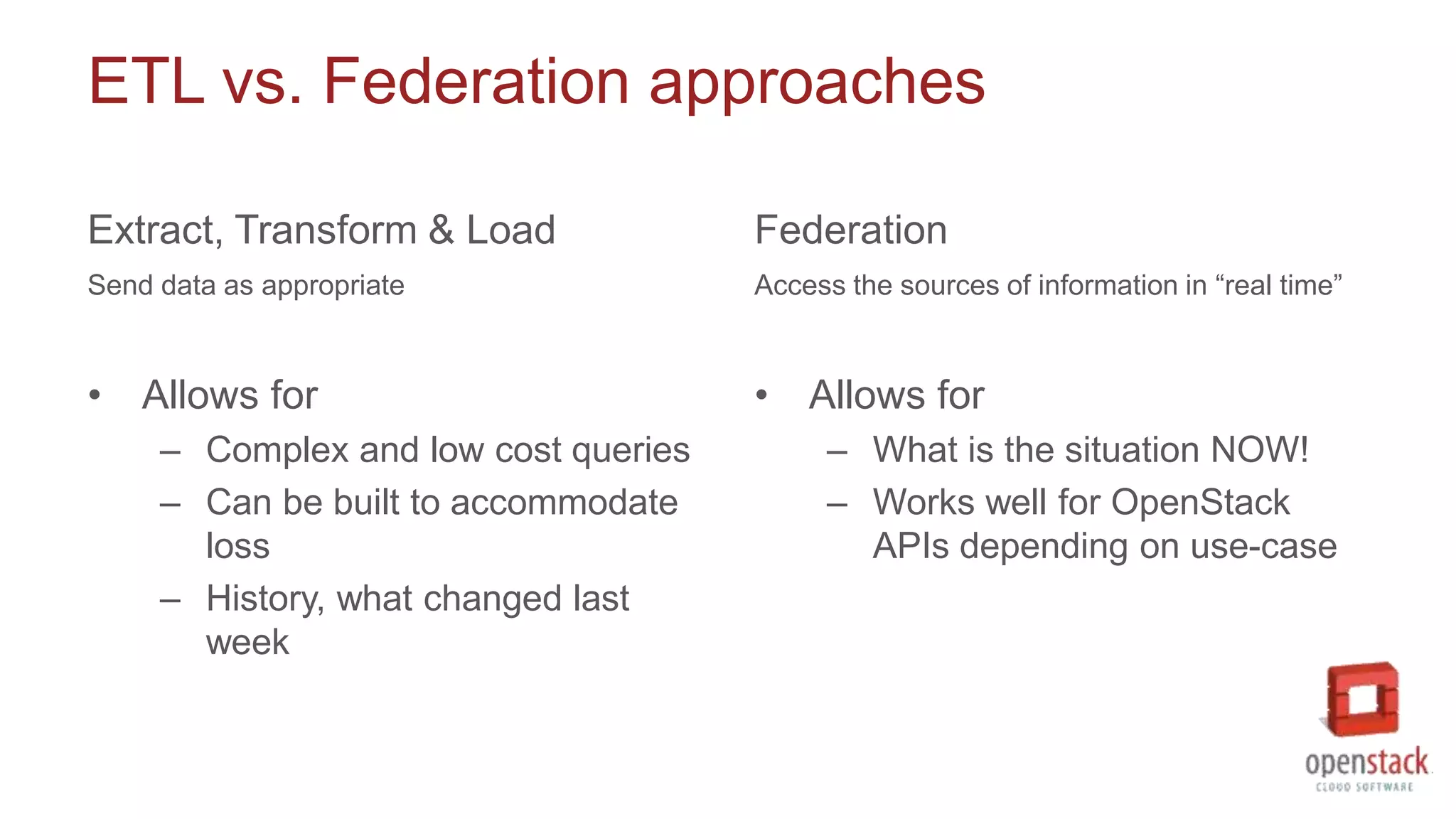ETL vs. Federation approaches
Extract, Transform & Load
Send data as appropriate
• Allows for
– Complex and low cost queries
– Can be built to accommodate
loss
– History, what changed last
week
Federation
Access the sources of information in “real time”
• Allows for
– What is the situation NOW!
– Works well for OpenStack
APIs depending on use-case
 