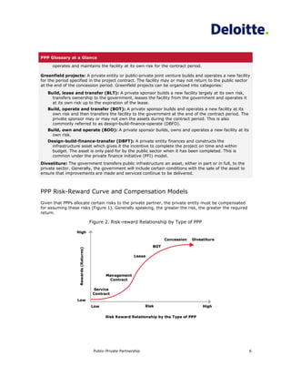 PPP Glossary at a Glance

      operates and maintains the facility at its own risk for the contract period.

Greenfield projects: A private entity or public-private joint venture builds and operates a new facility
for the period specified in the project contract. The facility may or may not return to the public sector
at the end of the concession period. Greenfield projects can be organized into categories:
   Build, lease and transfer (BLT): A private sponsor builds a new facility largely at its own risk,
     transfers ownership to the government, leases the facility from the government and operates it
     at its own risk up to the expiration of the lease.
   Build, operate and transfer (BOT): A private sponsor builds and operates a new facility at its
     own risk and then transfers the facility to the government at the end of the contract period. The
     private sponsor may or may not own the assets during the contract period. This is also
     commonly referred to as design-build-finance-operate (DBFO).
   Build, own and operate (BOO): A private sponsor builds, owns and operates a new facility at its
     own risk.
   Design-build-finance-transfer (DBFT): A private entity finances and constructs the
     infrastructure asset which gives it the incentive to complete the project on time and within
     budget. The asset is only paid for by the public sector when it has been completed. This is
     common under the private finance initiative (PFI) model.
Divestiture: The government transfers public infrastructure an asset, either in part or in full, to the
private sector. Generally, the government will include certain conditions with the sale of the asset to
ensure that improvements are made and services continue to be delivered.



PPP Risk-Reward Curve and Compensation Models
Given that PPPs allocate certain risks to the private partner, the private entity must be compensated
for assuming these risks (Figure 1). Generally speaking, the greater the risk, the greater the required
return.

                                       Figure 2. Risk-reward Relationship by Type of PPP

                  High

                                                                              Concession   Divestiture
                                                                        BOT
                   Rewards (Returns)




                                                              Lease




                                              Management
                                                Contract

                                        Service
                                        Contract
                  Low
                                       Low                           Risk                       High

                                              Risk Reward Relationship by the Type of PPP




                                        Public-Private Partnership                                        6
 