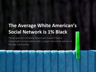 The Average White American’s 
Social Network is 1% Black 
Three-quarters of white Americans haven’t had a 
meaningful conversation with a single non-white person in 
the last six months. 
 