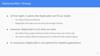Deploying Redis | Strategy
● At first sight, it seems like ReplicaSet can fit our needs
○ Our Redis Pods are Identical
○ ReplicaSet will make sure we have just enough of them
10
● However, ReplicaSet is not what we need
○ Our Redis Pods maybe identical in their structure but not in their role!
○ We need to define different behaviours for different Pods (master/slave)
● In conclusion, ReplicaSet is not optimal for stateful applications
 