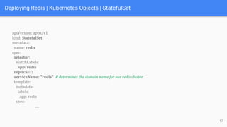 Deploying Redis | Kubernetes Objects | StatefulSet
apiVersion: apps/v1
kind: StatefulSet
metadata:
name: redis
spec:
selector:
matchLabels:
app: redis
replicas: 3
serviceName: "redis" # determines the domain name for our redis cluster
template:
metadata:
labels:
app: redis
spec:
….
17
 