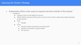Exposing Our Cluster | Strategy
● Kubernetes offers a few ways to expose services outside of the cluster:
○ NodePort
■ Assign a port for the Redis FE service
■ When clients connect to this port on each of the cluster nodes they will be directed
to the service
■ Pros
● Simple
■ Cons
● Cluster nodes should have an external IP
● Harder to maintain in great scales
● Per service
21
 