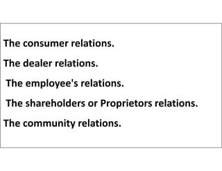The consumer relations.
The dealer relations.
The employee's relations.
The employee's relations.
The shareholders or Proprietors relations.
The community relations.
 