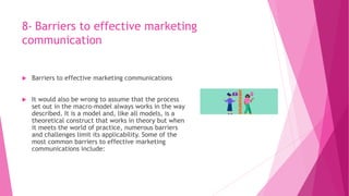 8- Barriers to effective marketing
communication
 Barriers to effective marketing communications
 It would also be wrong to assume that the process
set out in the macro-model always works in the way
described. It is a model and, like all models, is a
theoretical construct that works in theory but when
it meets the world of practice, numerous barriers
and challenges limit its applicability. Some of the
most common barriers to effective marketing
communications include:
 