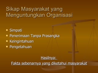 Sikap Masyarakat yang Menguntungkan Organisasi Simpati Penerimaan Tanpa Prasangka Keingintahuan Pengetahuan Hasilnya:  Fakta sebenarnya yang diketahui masyarakat 