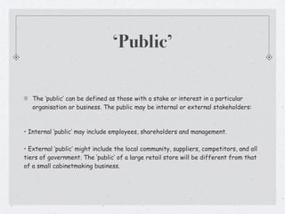 ‘Public’

    The ‘public’ can be defined as those with a stake or interest in a particular
    organisation or business. The public may be internal or external stakeholders:

 

• Internal ‘public’ may include employees, shareholders and management. 
 
• External ‘public’ might include the local community, suppliers, competitors, and all
tiers of government. The ‘public’ of a large retail store will be different from that
of a small cabinetmaking business.
 