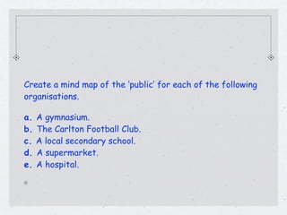 Create a mind map of the ‘public’ for each of the following
organisations.

a.   A gymnasium.
b.   The Carlton Football Club.
c.   A local secondary school.
d.   A supermarket.
e.   A hospital.
 
