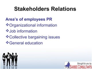 Stakeholders Relations
Area’s of employees PR
Organizational information
Job information
Collective bargaining issues
General education
 