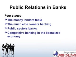 Public Relations in Banks
Four stages
The money lenders table
The much elite owners banking
Public sectors banks
Competitive banking in the liberalized
economy
 
