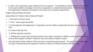  In step 5, the organization gets feedback from its audience. The feedback is about reaction of audience
to the public relations campaign and some unexpected or unwanted developments. In the final step,
the organization assesses the program and makes any necessary adjustments.
PUBLIC RELATIONS OFFICER
QUALITIES OF PUBLIC RELATIONS OFFICER
 1. Abundant common sense
 2. First - class organizing ability
 3. Good judgment and objectivity 4. Imagination and the ability to appreciate the other person's point of
view
 5. A lively inquiring mind
 6. Infinite capacity to persist
 7. Willingness to work long and inconvenient hours when necessary 8. Ability to write good English and
correct other people's writing 9. Pleasant voice and ability to speak in public
 Job description Public relations (PR) is all about maintaining good rapport. The goal of this career field
is to gain understanding and support for clients as well as to influence opinion and behaviour.
 