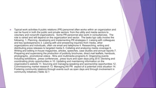  Typical work activities A public relations (PR) personnel often works within an organization and
can be found in both the public and private sectors: from the utility and media sectors to
voluntary and nonprofit organizations. Some PR personnel also work in consultancies. The
role is varied and will depend on the organization and sector. The tasks typi cally involve the
following: 1. Planning, developing and implementing PR strategies 2. Liaising with colleagues
and key spokespersons 3. Liaising with and answering inquiries from media, other
organizations and individuals, often via email and telephone 4. Researching, writing and
distributing press releases to targeted media 5. Collating and analyzing media coverage 6.
Writing and editing in-house magazines, articles, speeches, case studies and annual reports 7.
Preparing and supervising the production of publicity brochures, direct mail leaflets, handouts,
photographs , promotional videos , films and multimedia programs 8. Organizing events
including exhibitions , press conferences , press tours and open days ping 20 9. Devising and
coordinating photo opportunities m 10. Updating and maintaining information on the
organization's website 11. Sourcing and managing speaking and sponsorship opportunities 12.
Commissioning market research 13. Managing the PR aspect of a potential crisis situation 14.
Fostering community relations through events such as open days and through involvement in
community initiatives (Table 32.1
 