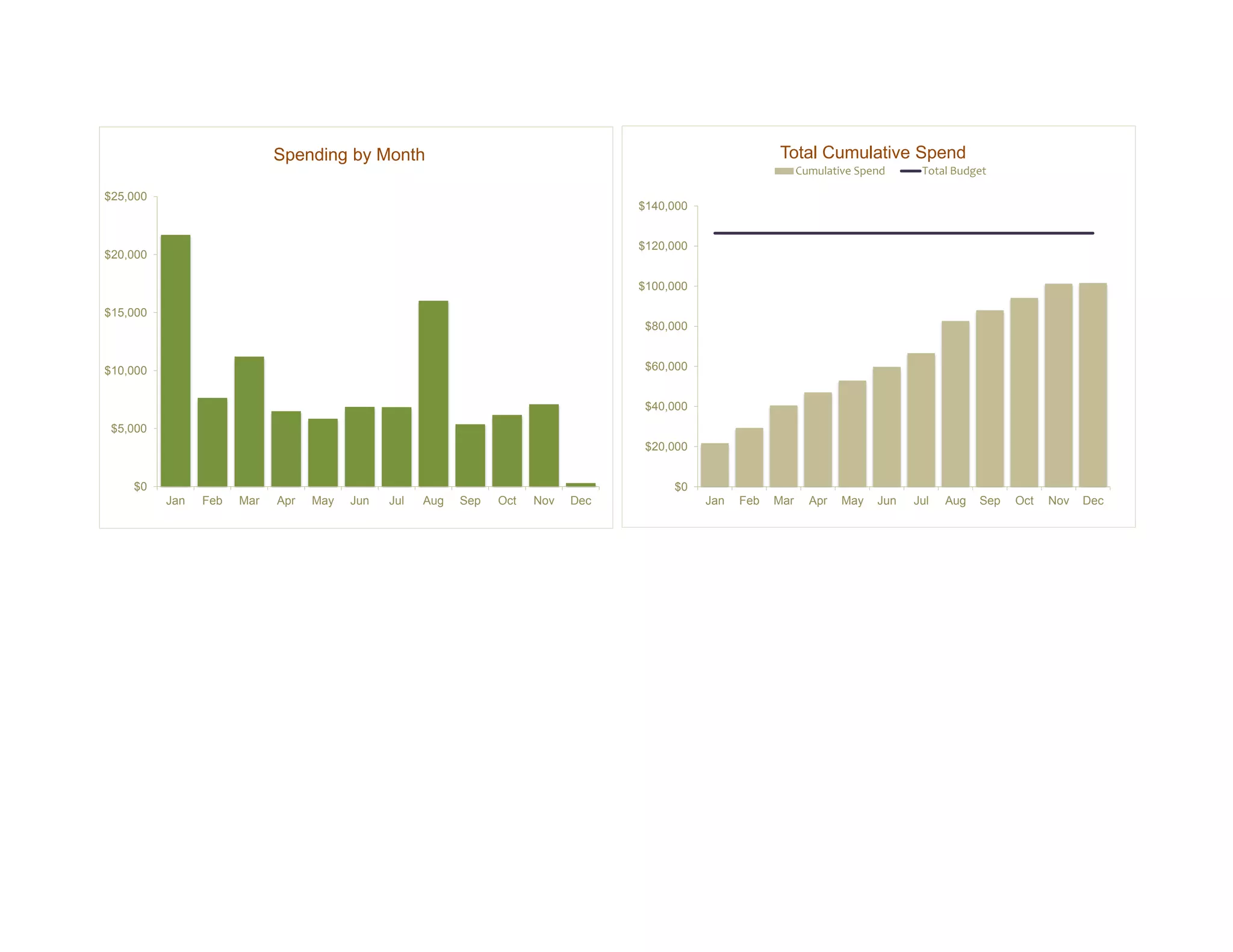 Spending by Month
                            Spending by Month                                                               Total Cumulative Spend
                                                                                                                  Cumulative Spend     Total Budget

$25,000
                                                                                     $140,000


                                                                                     $120,000
$20,000

                                                                                     $100,000

$15,000
                                                                                      $80,000


$10,000                                                                               $60,000


                                                                                      $40,000
 $5,000
                                                                                      $20,000


    $0                                                                                    $0
          Jan   Feb   Mar   Apr    May     Jun   Jul   Aug   Sep   Oct   Nov   Dec              Jan   Feb   Mar     Apr   May   Jun   Jul   Aug   Sep   Oct   Nov   Dec
 