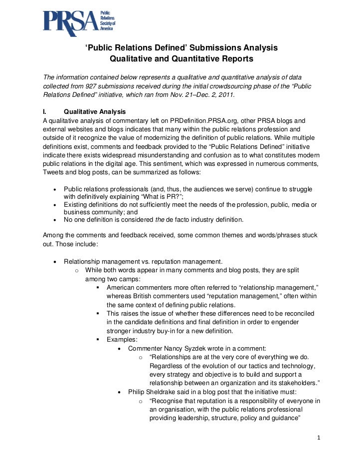                ‘Public Relations Defined’ Submissions Analysis                     Qualitative and Quantitative ReportsTh...