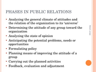 PHASES IN PUBLIC RELATIONS Analyzing the general climate of attitudes and the relation of the organization to its ‘universe’ Determining the attitude of any group toward the organization Analyzing the state of opinion Anticipating the potential problems, needs or opportunities Formulating policy Planning means of improving the attitude of a group  Carrying out the planned activities Feedback, evaluation and adjustment Moksh Juneja 