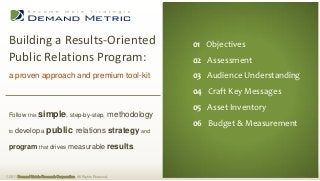 Building a Results-Oriented                                                    01 Executive Summary
                                                                                 01 Objectives
 Public Relations Program:                                                      02 Situation Analysis
                                                                                 02 Assessment
                                                                                03 Planning
 a proven approach and premium tool-kit                                          03 Audience Understanding
                                                                                04 Administration
                                                                                 04 Craft Key Messages
                                                                                05 Measurement
 Follow this simple, step-by-step,                                methodology   06 BudgetInventory
                                                                                 05 Asset
                                                                                 06 Budget & Measurement
 to   develop a public relations strategy and

 program that drives measurable results.



© 2011 Demand Metric Research Corporation. All Rights Reserved.
 