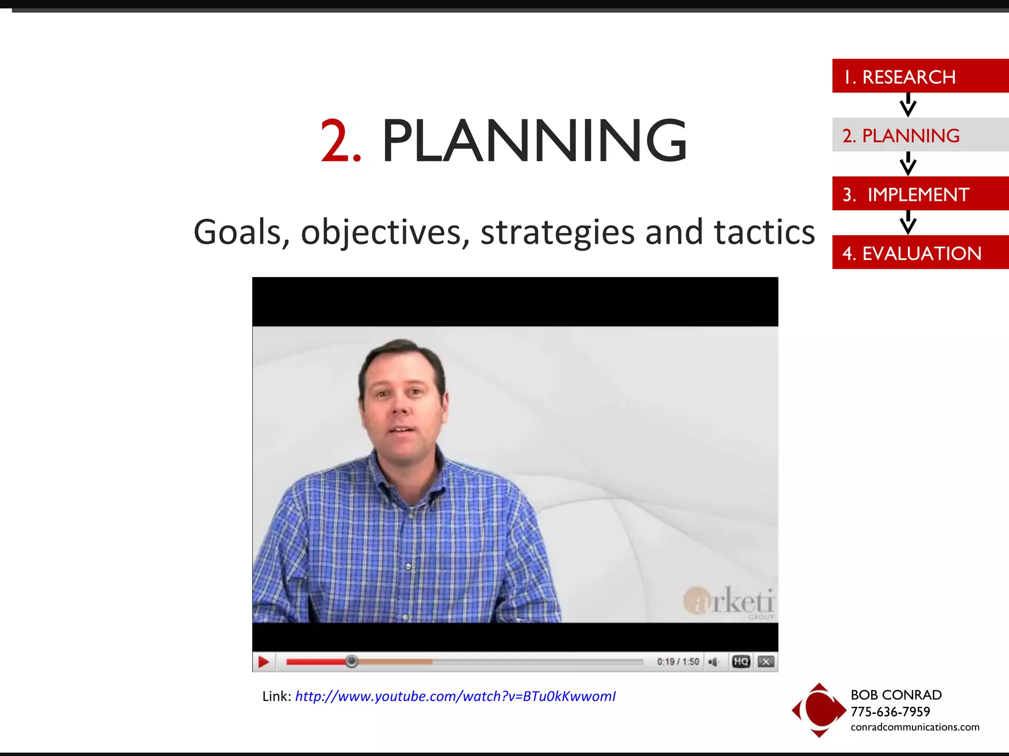 2.  PLANNING Goals, objectives, strategies and tactics BOB CONRAD 775-636-7959  conradcommunications.com Link:  http://www.youtube.com/watch?v=BTu0kKwwomI 1. RESEARCH 2. PLANNING 3.  IMPLEMENT 4. EVALUATION 