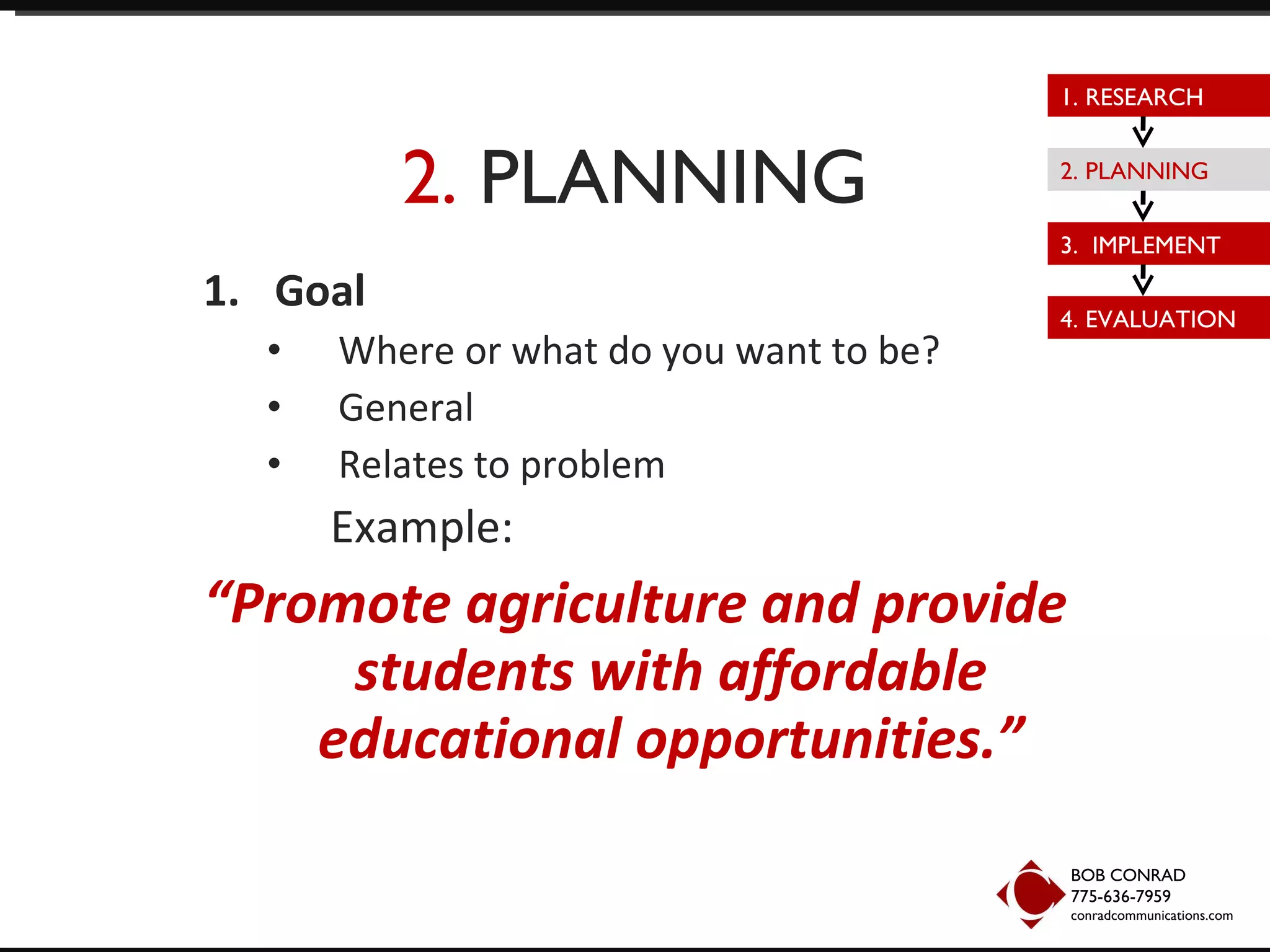 2.  PLANNING Goal Where or what do you want to be? General Relates to problem Example:  “ Promote agriculture and provide students with affordable educational opportunities.” BOB CONRAD 775-636-7959  conradcommunications.com 1. RESEARCH 2. PLANNING 3.  IMPLEMENT 4. EVALUATION 