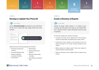 21PUBLIC RELATIONS PLAN
Let them know why you’re adding them to the directory.
Create the expectation of possible future media contact.
Include bios of your experts in your directory so you can
easily send them to the media. Include portraits of your
experts.
Media requests are always urgent. Coach your experts to
respond quickly to media inquiries.
Keep you directory current. Update it often as experts come
and go.
Introduction
Inventory
Your Pr Assets
5
Previously issued press
releases
Corporate Backgrounder
Product marketing
brochures Customer
Case Studies
White Papers
Relevant photos and
graphics
Reprints of past media
coverage
Key statistics & corporate
facts
Develop or Update Your Press Kit Create a Directory of Experts
STEP 1 STEP 2
Action Item Action Item
Use our Press Kit Checklist to assemble an up-to-date Press
Kit. Be sure to create both high quality printed and online
versions.
Identify all subject matter experts, in or outside of your
company, that will speak to the media on your behalf. Main-
tain a directory of their contact information and their areas
of expertise.
What are the some of the key elements of a Press Kit?
V I E W R E S O U R C E
To build and manage your directory of experts:
Establish PR
Objectives
Internal
Self-Assessment
Understand
Your Audience
Craft Your Key
Messages
Budget &
Measurement
1 2 3 4 6
 