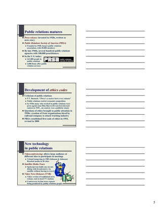 Public relations matures
Press release: invented in 1920s, written as
news story
Public Relations Society of America (PRSA)
  Founded in 1948; largest public relations
  association, with 20,000 members
By late 1960s, several hundred public relations
agencies with 100,000 practitioners
In the U.S. today:
  161,000 people in
  public relations
  4,000 firms offer public
  relation services




Development of ethics codes
Criticism of public relations
  P.T. Barnum: “There’s a sucker born every minute”
  Public relations restrict economic competition
  In 1930s many who worked in public relations were
  press agents (star Rita Hayworth won best-dressed
  contest in 1939…no contest; was a publicity stunt)
Questions of ethics brought to public attention in
1950s: creation of front organizations hired by
railroad company to attack trucking industry
PRSA established first code of ethics in 1954,
revised in 2000




New technology
in public relations
Videoconferencing: allows large audience at
different sites to participate in meetings
  Tylenol tampering in 1982 (Johnson & Johnson):
  Reached media in 30 cities
Satellite Media Tours
  Spokesperson holds one-on-one
  dialog with broadcasters via
  satellite without having to travel
Video News Releases (VNR)
  Video version of traditional news
  release, sent to local TV stations
  Controversy in that news reports
  being produced by public relations people




                                                       5
 