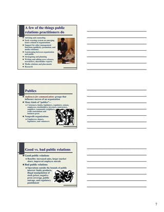 A few of the things public
relations practitioners do
Advising and counseling
Early warning system on emerging
issues related to organizations
Support for other management
functions (publicity, promotion, and
media relations)
Gatekeeping between organization
and public
Strategizing and planning
Writing and editing news releases,
newsletters, shareholder reports
Media relations and placements
Research




Publics
Audiences for communication: groups that
influence success of an organization
Many kinds of “publics”—
   Customers, banks, legislators, regulators, unions,
   employees, stockholders, investors, contractors,
   suppliers, community neighbors,
   trade associations and
   business press
Nonprofit organizations
   Employees, donors,
   legislators, and volunteers




Good vs. bad public relations
Good public relations
   Benefits: increased sales, larger market
   share, improved employee morale
Bad public relations
   Operations outside the bounds of public
   interest: faulty products,
   illegal manipulation of
   stock prices, negative
   press coverage, public
   outrage, and regulatory
   punishment




                                                        7
 
