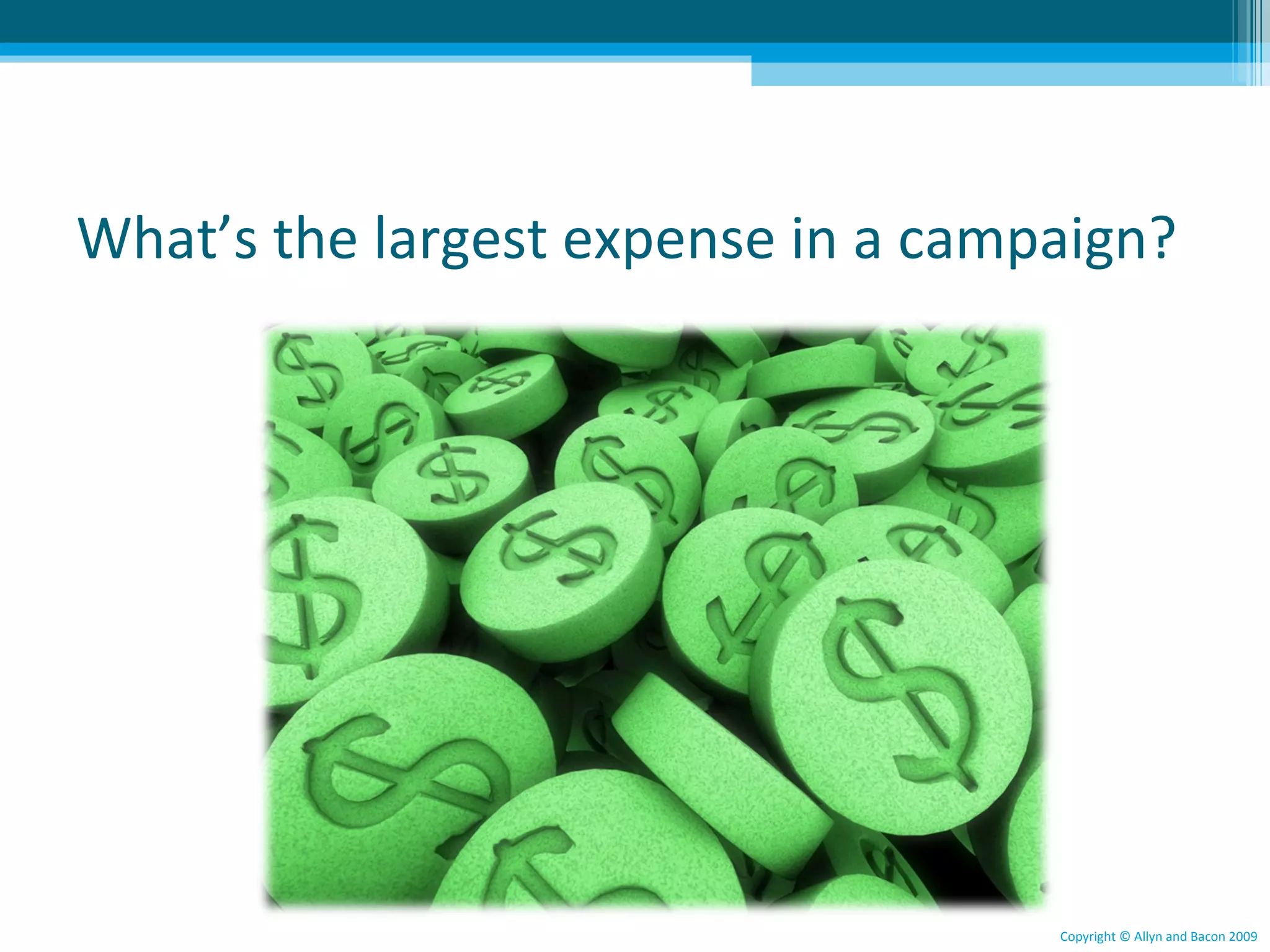 Why is the evaluation of a campaign linked
to the program’s objectives?




                                     Copyright © Allyn and Bacon 2009
 