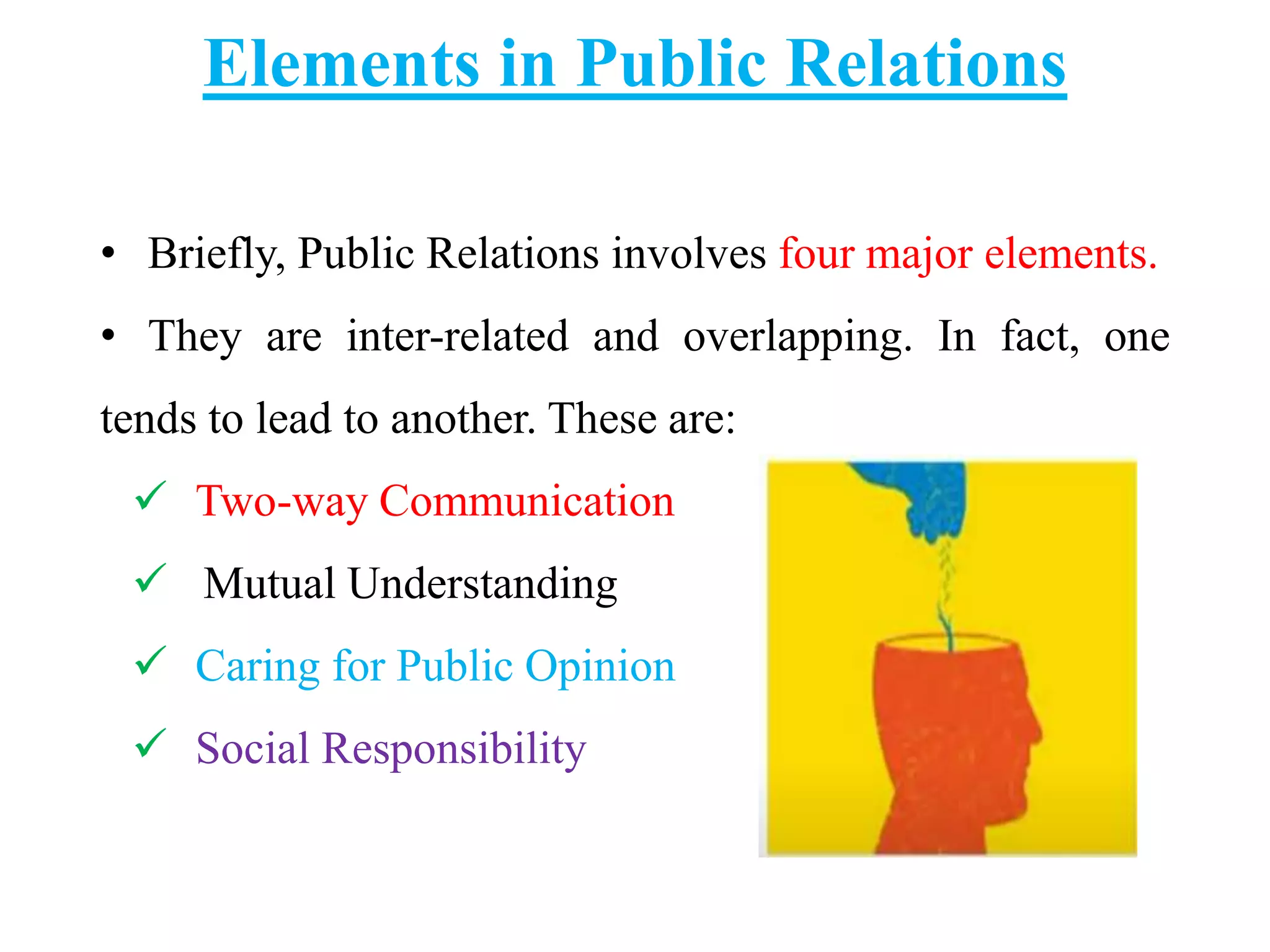 Elements in Public Relations
• Briefly, Public Relations involves four major elements.
• They are inter-related and overlapping. In fact, one
tends to lead to another. These are:
 Two-way Communication
 Mutual Understanding
 Caring for Public Opinion
 Social Responsibility
 