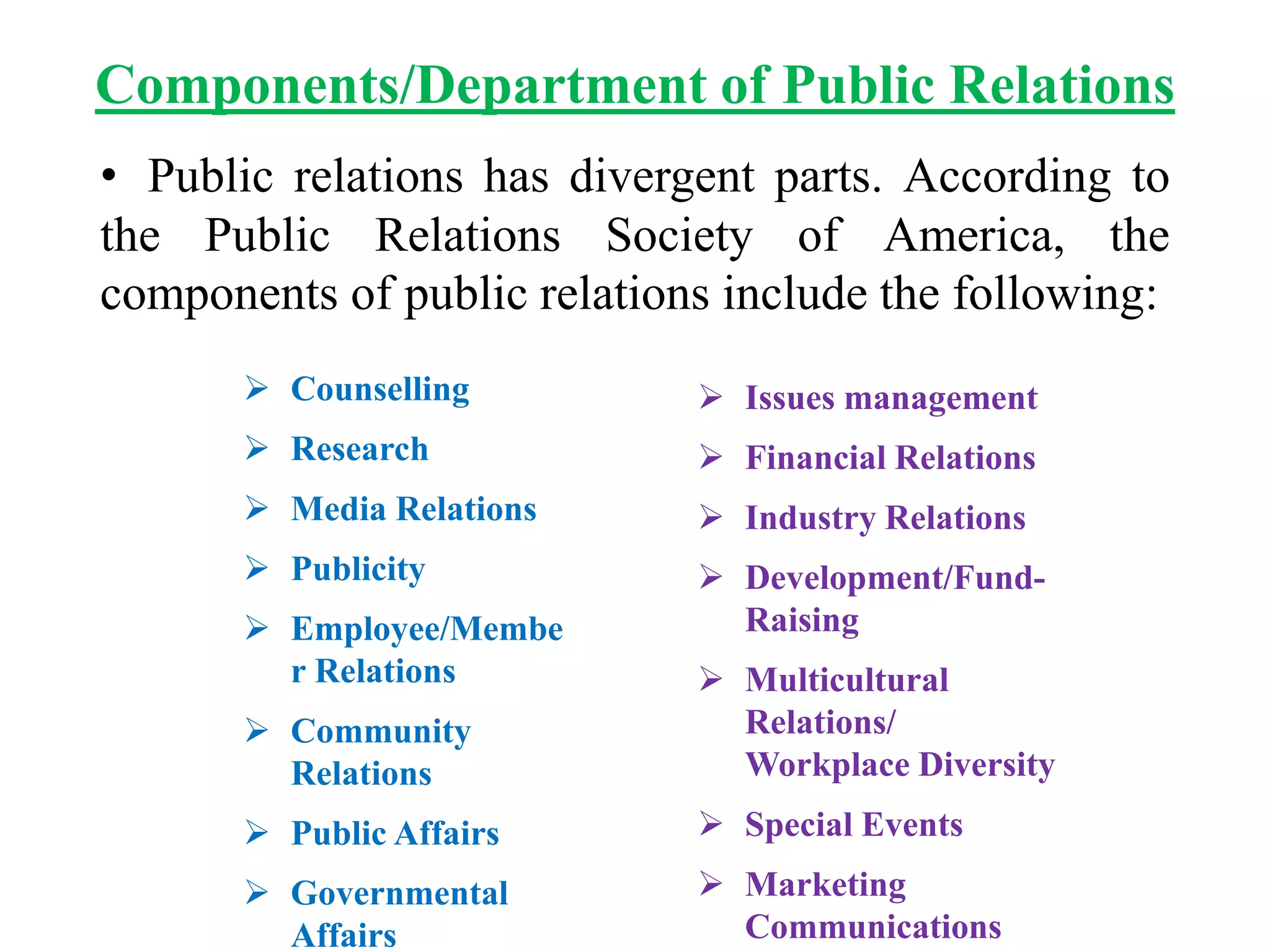 Components/Department of Public Relations
• Public relations has divergent parts. According to
the Public Relations Society of America, the
components of public relations include the following:
 Counselling
 Research
 Media Relations
 Publicity
 Employee/Membe
r Relations
 Community
Relations
 Public Affairs
 Governmental
Affairs
 Issues management
 Financial Relations
 Industry Relations
 Development/Fund-
Raising
 Multicultural
Relations/
Workplace Diversity
 Special Events
 Marketing
Communications
 