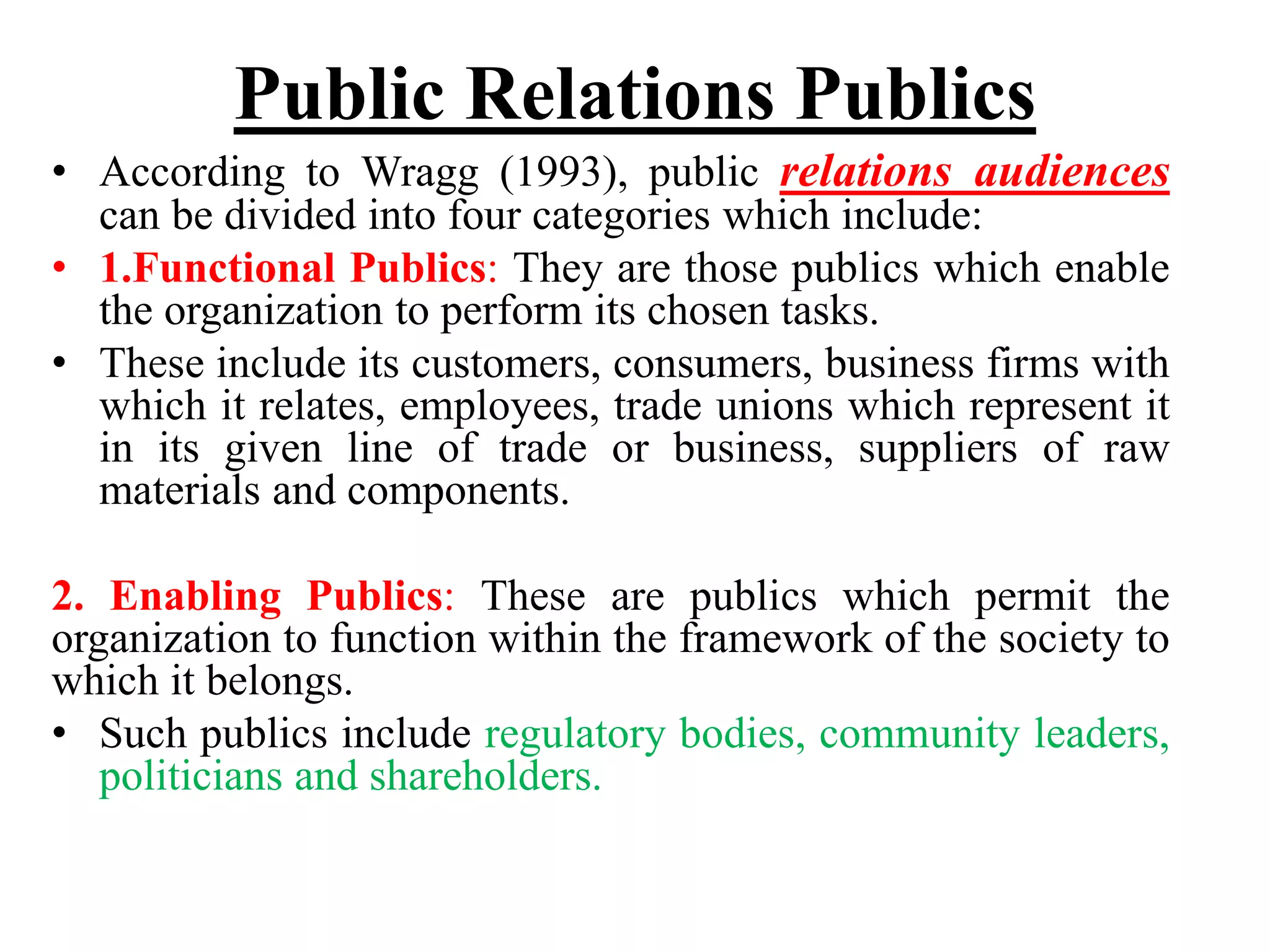 Public Relations Publics
• According to Wragg (1993), public relations audiences
can be divided into four categories which include:
• 1.Functional Publics: They are those publics which enable
the organization to perform its chosen tasks.
• These include its customers, consumers, business firms with
which it relates, employees, trade unions which represent it
in its given line of trade or business, suppliers of raw
materials and components.
2. Enabling Publics: These are publics which permit the
organization to function within the framework of the society to
which it belongs.
• Such publics include regulatory bodies, community leaders,
politicians and shareholders.
 