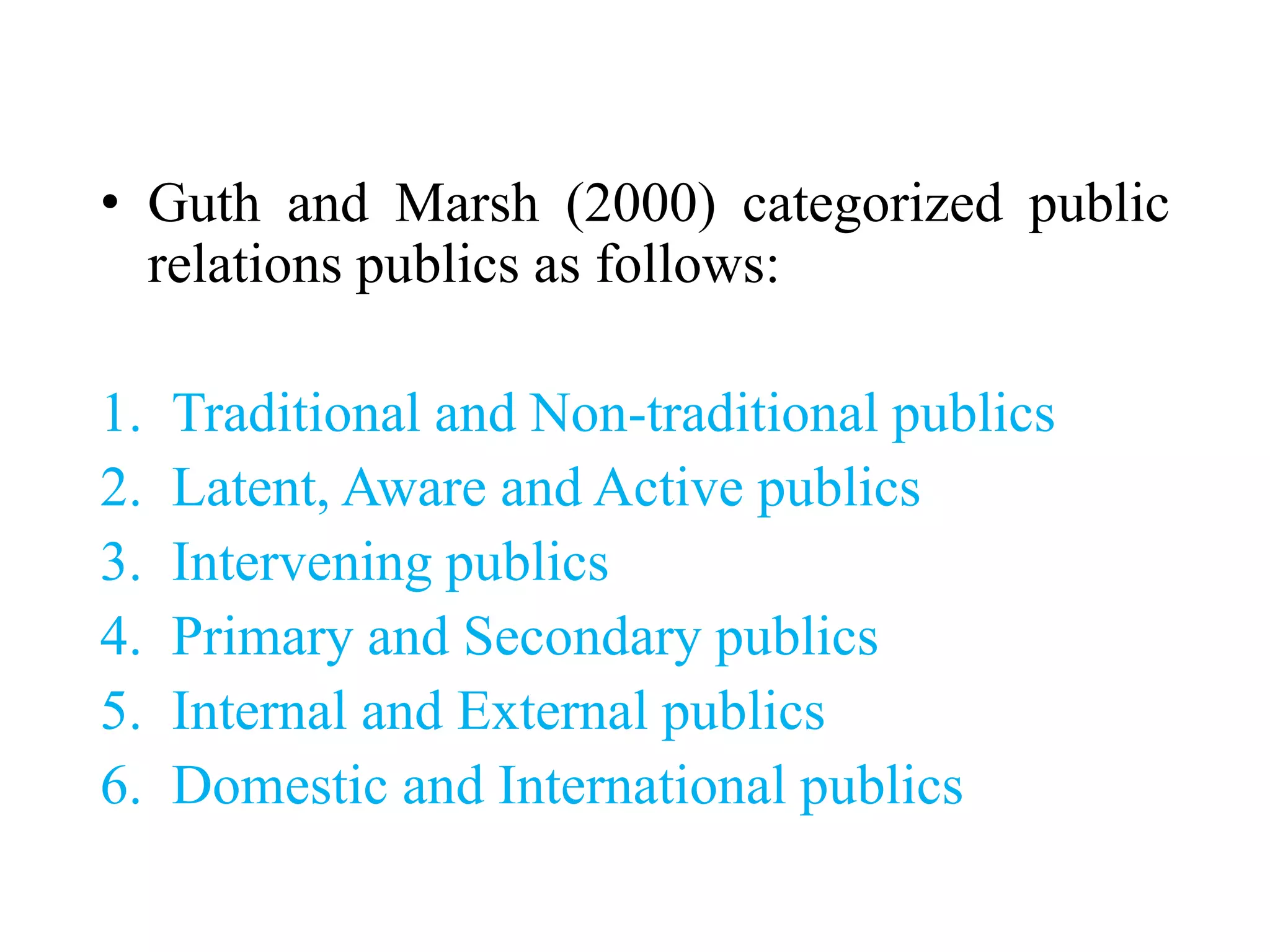 • Guth and Marsh (2000) categorized public
relations publics as follows:
1. Traditional and Non-traditional publics
2. Latent, Aware and Active publics
3. Intervening publics
4. Primary and Secondary publics
5. Internal and External publics
6. Domestic and International publics
 
