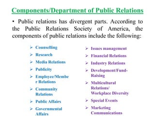 Components/Department of Public Relations
• Public relations has divergent parts. According to
the Public Relations Society of America, the
components of public relations include the following:
 Counselling
 Research
 Media Relations
 Publicity
 Employee/Membe
r Relations
 Community
Relations
 Public Affairs
 Governmental
Affairs
 Issues management
 Financial Relations
 Industry Relations
 Development/Fund-
Raising
 Multicultural
Relations/
Workplace Diversity
 Special Events
 Marketing
Communications
 