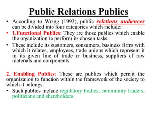 Public Relations Publics
• According to Wragg (1993), public relations audiences
can be divided into four categories which include:
• 1.Functional Publics: They are those publics which enable
the organization to perform its chosen tasks.
• These include its customers, consumers, business firms with
which it relates, employees, trade unions which represent it
in its given line of trade or business, suppliers of raw
materials and components.
2. Enabling Publics: These are publics which permit the
organization to function within the framework of the society to
which it belongs.
• Such publics include regulatory bodies, community leaders,
politicians and shareholders.
 