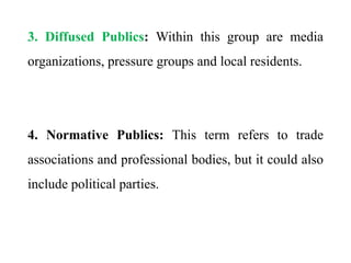 3. Diffused Publics: Within this group are media
organizations, pressure groups and local residents.
4. Normative Publics: This term refers to trade
associations and professional bodies, but it could also
include political parties.
 