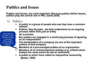 Publics and Issues
      Publics and issues, are most important. Because publics define issues,
      publics play the central role in PRs. (text2 p236)

       1)       Publics
                        A public is a group of people who see they have a common
                         interest
                        Publics, they thought , are bets understood as an ongoing
                         process rather than just an entity
 Two publics are
not static but can      As a process
shift and change        But publics are engaged in a continuing process of agreeing
   so deciding           on an interpretation
  which publics
one behaviors to        The stockholders of a company are one of the important
    continual.           publics of that company
                        Members of a pro-managed publics of an organization
                        Members of an antimanagement publics (e.g. militant stock
                         holders the same action as bad or inefficient)
                        A public is what I have called an interpretive community
                           (Botan, 1992)
 