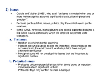 2) Issues
      Crable and Vibbert (1985), who said, “an issue is created when one or
       more human agents attaches significant to a situation or perceived
       „problem‟”.
      Because publics define issues, publics play the central role in public
       relations.
      In the 1990s, however, manufacturing and selling cigarettes became a
       big public issues, particularly when the targeted customers were
       teenagers.
  a. Preissues
       • Relation as environmental scanning
       • If issues are what publics decide are important, then preissues are
         occurrences in the environment to which publics have not yet
         attached significance
       • Most preissues will not develop into issues that are important to
         significant publics.

  b. Potential issues
       • Preissues become potential issues when some group or important
         individuals attach significant to them
       • Potential Stage may contain several substages
 