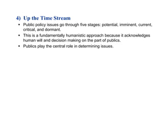 4) Up the Time Stream
 Public policy issues go through five stages: potential, imminent, current,
  critical, and dormant.
 This is a fundamentally humanistic approach because it acknowledges
  human will and decision making on the part of publics.
 Publics play the central role in determining issues.
 