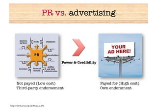 PR vs. advertising




                                     Power & Credibility




      Not payed (Low cost)
                                Payed for (High cost)
      Third-party endorsement
                             Own endorsment



http://www.prca.org.uk/What_is_PR
 