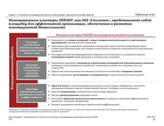 PwC
Март 2013
Публичный отчет
Инновационные кластеры НИОКР, как ИЦ «Сколково», представляют собой
площадку для эффективной организации, обеспечения и развития
инновационной деятельности
20
Фонд «Сколково» • Привлекательность России и ИЦ «Сколково» для размещения корпоративных центров НИОКР
Раздел 4 – Сколково как инновационный центр в сопоставлении с другими институтами развития
Кластеры
обеспечивают рост
производительности
и эффективности
Кластеры
способствуют
созданию и
освоению
инноваций
Кластеры
способствуют
коммерциализации
и реализации новых
бизнес-идей
Конкурентоспособность
Влияние кластеров НИОКР на конкурентоспособность компании
 Простой доступ к специализированным ресурсам, услугам, кадрам, информации, институтам,
программам обучения и прочим «общественным благам» (аутсорсинг на местном рынке).
 Простота координации и осуществления сделок между фирмами.
 Быстрое распространение передового опыта.
 Постоянное сравнение результатов деятельности и стимулы к повышению эффективности по
сравнению с местными конкурентами.
 Близость конкурентов способствует стратегической дифференциации.
 Повышенная вероятность восприятия и реализации возможностей инновационного развития
(например, неудовлетворенные потребности, искушенные потребители, сочетание услуг или
технологий).
 Присутствие многочисленных поставщиков и институтов способствуют генерации знаний.
 Простота проведения исследований и экспериментов с учетом наличия местных ресурсов.
 Возможности для новых компаний и новых направлений деятельности существующих
предприятий становятся более очевидными.
 Присутствие других компаний, налаженные коммерческие связи и высокая концентрация спроса
создают благоприятную среду для создания нового бизнеса (стартапов и выделившихся (отделившихся)
компаний).
 Благодаря наличию квалифицированных специалистов, поставщиков и т.д. упрощается процесс
коммерциализации новой продукции и создания новых компаний.
Источник: 1) «Кластеры, инновации и конкурентоспособность: Новые выводы и значение для экономической политики», М.Е. Портер, Институт стратегии и
конкурентоспособности, Гарвардская школа бизнеса, 2008; 2) Анализ PwC
 