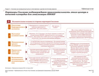 PwC
Март 2013
Публичный отчет
Партнеры Сколково подтверждают привлекательность этого центра в
качестве площадки для локализации НИОКР
Фонд «Сколково» • Привлекательность России и ИЦ «Сколково» для размещения корпоративных центров НИОКР
Раздел 4 – Сколково как инновационный центр в сопоставлении с другими институтами развития
27
«Бюрократии не слишком много,
решения принимаются
оперативно. Это очень важно».
Отсутствие
бюрократизма и
волокиты
Правильное
место для
кластера
«Надеемся, что в Сколково у нас будут хорошие условия для
осуществления НИОКР, хорошая цена не в последнюю
очередь. Нам нужно было найти место для операций НИОКР,
и Сколково стал для нас естественным выбором».
Выгодные
условия и цена2
3
Инициативная
среда и
поддержка
4
«С трудностями пока не сталкивались. И в данный момент
мы не предвидим никаких трудностей в будущем благодаря
поддержке со стороны кластеров Сколково и департамента по
ключевым партнерам».
Положительные отзывы со стороны партнеров Сколково
1
«Мы готовы выбрать Сколково для
размещения своего центра благодаря тем
возможностям, которые существуют в
Сколково в плане инфраструктуры,
близости к высокотехнологичным
партнерам и финансовых преимуществ».
«Сколково расположен недалеко от
Москвы и Санкт-Петербурге, где
сосредоточены лучшие местные
специалисты».
«Благодаря нашему присутствию в
Сколково наша деятельность в
области НИОКР в России получит
более широкую известность».
«Все прошло
гладко».
«Сколково находится в
непосредственной
близости к нашим
рынкам».
«Выбирая место для размещения
центра НИОКР, мы рассматривали
различные варианты, включая
Москву, Киев и другие города.
Важным фактором при выборе
Сколково стал доступ к лучшим
кадрам и прочим ресурсам».
«Нас привлекла идея
инновационной экосистемы
Сколково с доступом к лучшим
специалистам. Мы были
заинтересованы в том, чтобы наш
бренд ассоциировался со
Сколково».
Возможности
оптимального
позиционирова
ния
5 «С точки зрения отношений
с государственными
органами создание центра
НИОКР в Сколково
представляется хорошей
идеей».
+
Источники: 1) Программа интервью PwC; 2) Анализ PwC
 