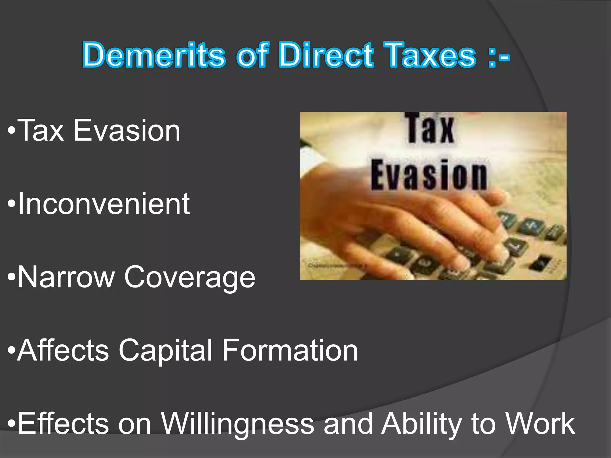 •Tax Evasion

•Inconvenient

•Narrow Coverage

•Affects Capital Formation

•Effects on Willingness and Ability to Work
 