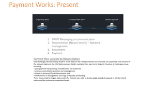 Payment Works: Present
1. SWIFT Messaging as communication
2. Reconciliation (Nostro Vostro) – Network
management
3. Settl...